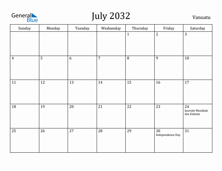 July 2032 Calendar Vanuatu