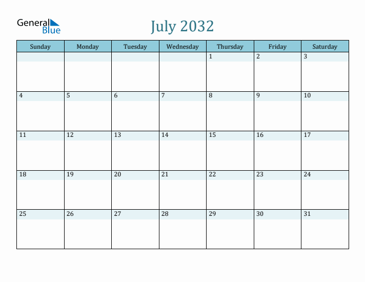 July 2032 Printable Calendar