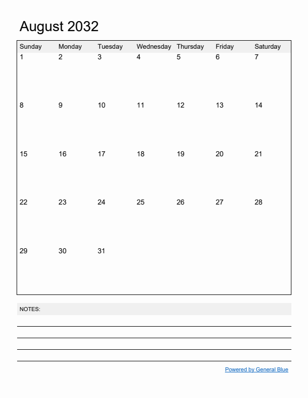 Basic Monthly Calendar Template for August 2032