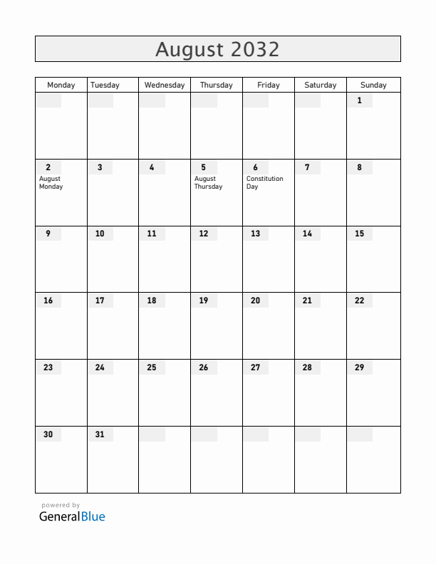 Anguilla August 2032 Calendar with Holidays