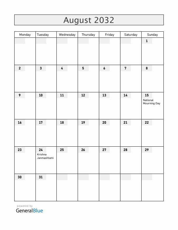 Bangladesh August 2032 Calendar with Holidays