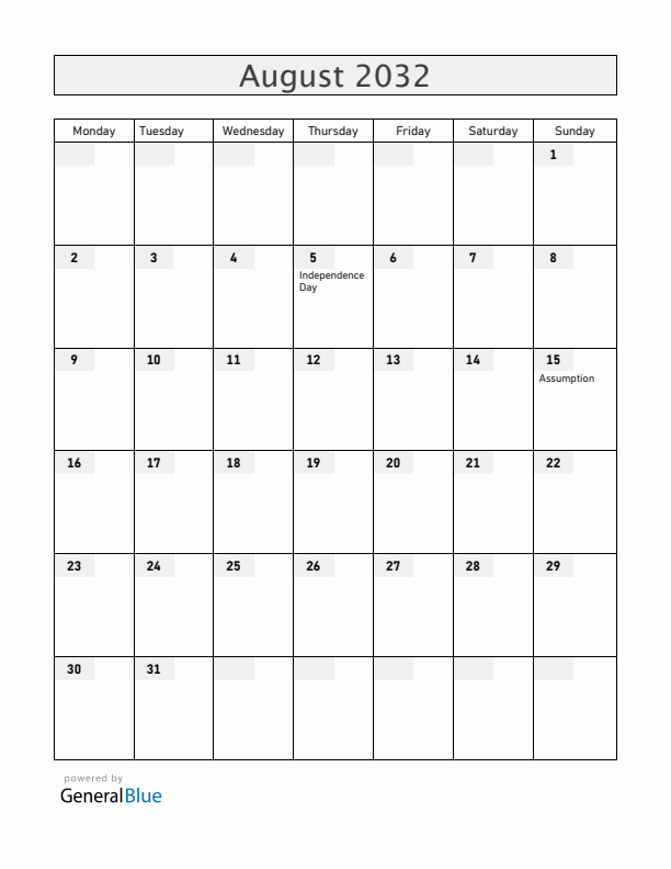 Burkina Faso August 2032 Calendar with Holidays