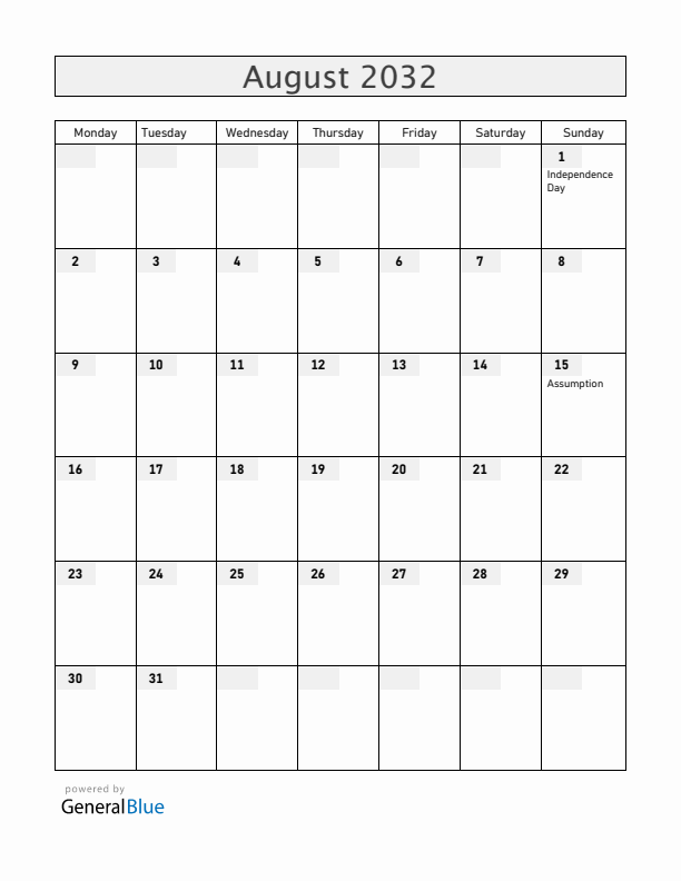 Benin August 2032 Calendar with Holidays