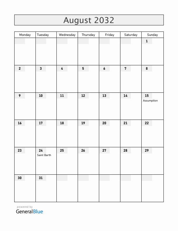 Saint Barthelemy August 2032 Calendar with Holidays