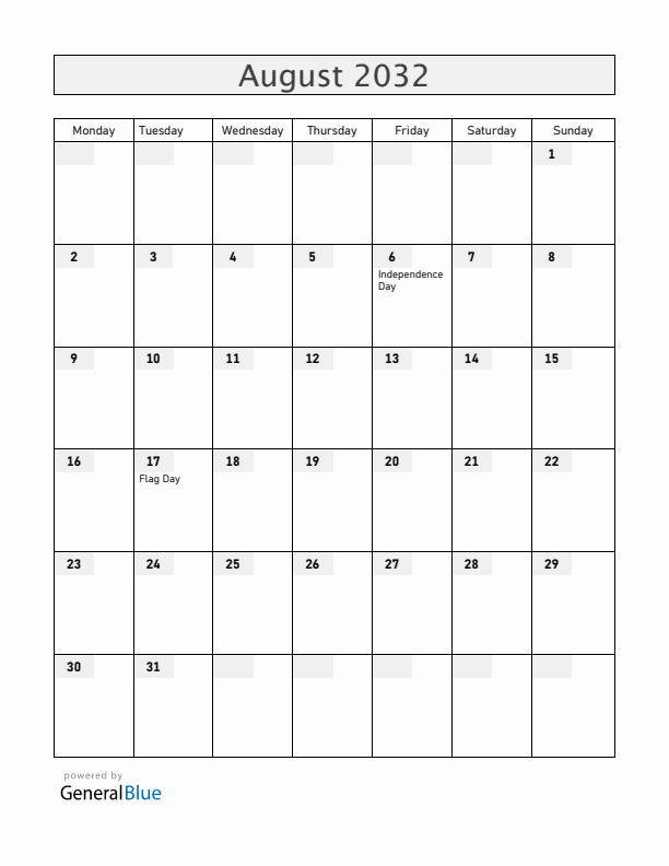 Bolivia August 2032 Calendar with Holidays