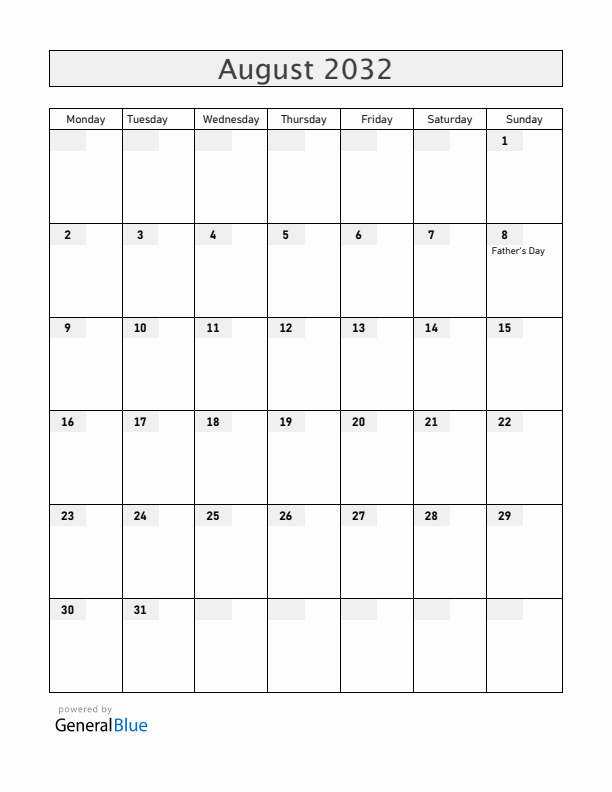 Brazil August 2032 Calendar with Holidays