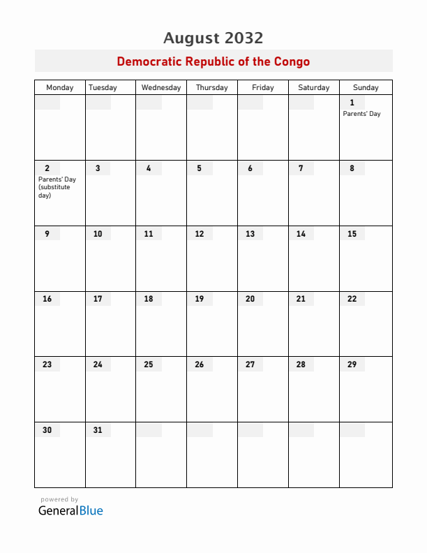 Democratic Republic of the Congo August 2032 Calendar with Holidays