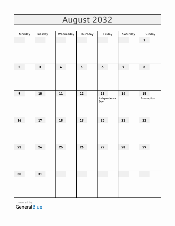 Central African Republic August 2032 Calendar with Holidays