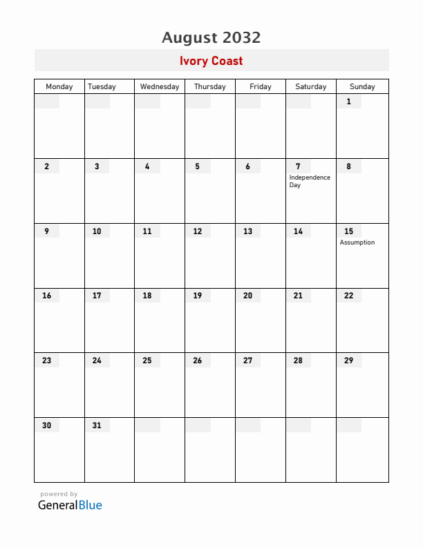 Ivory Coast August 2032 Calendar with Holidays