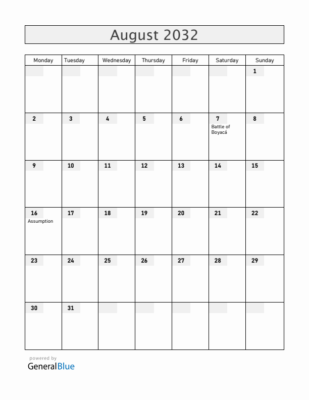 Colombia August 2032 Calendar with Holidays