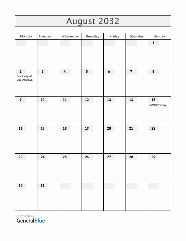 Costa Rica August 2032 Calendar with Holidays