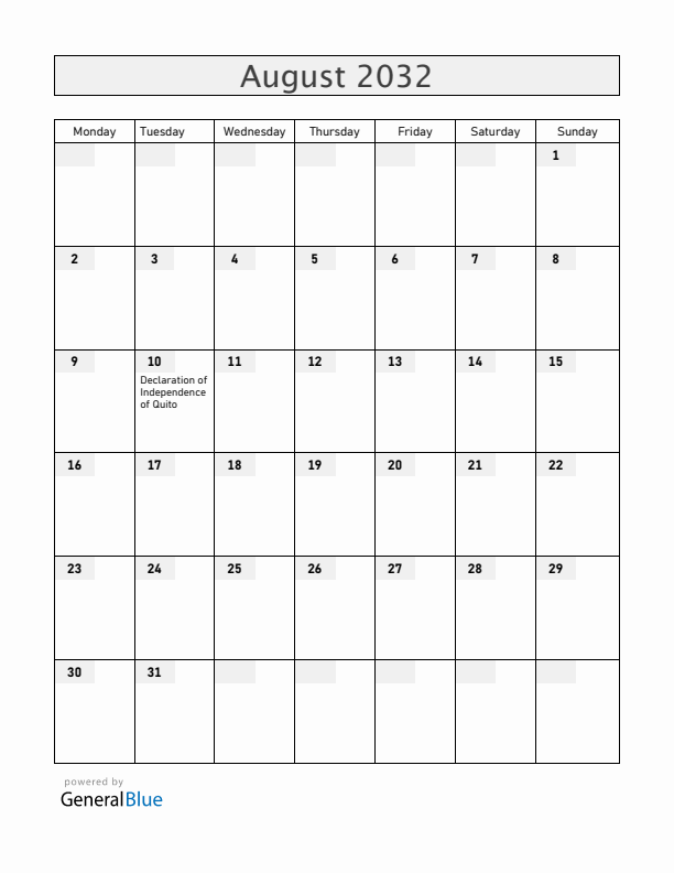 Ecuador August 2032 Calendar with Holidays