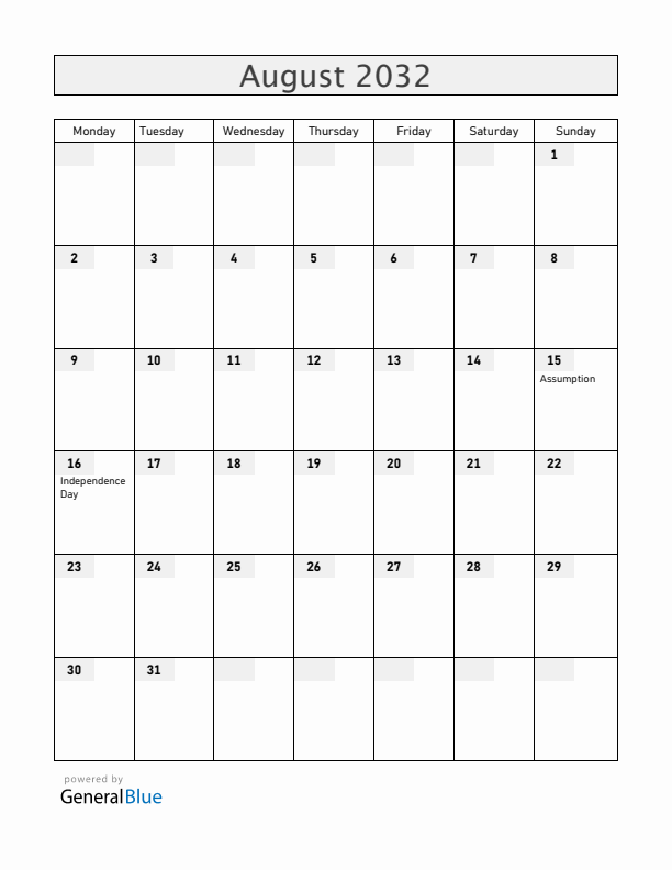Gabon August 2032 Calendar with Holidays