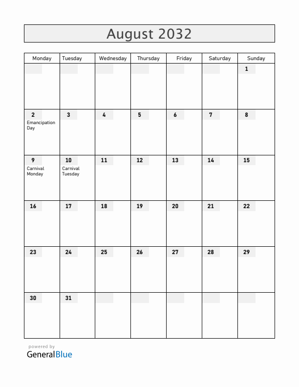 Grenada August 2032 Calendar with Holidays