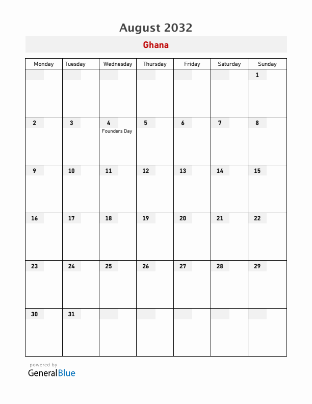 Ghana August 2032 Calendar with Holidays