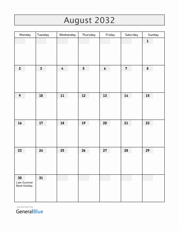 Gibraltar August 2032 Calendar with Holidays
