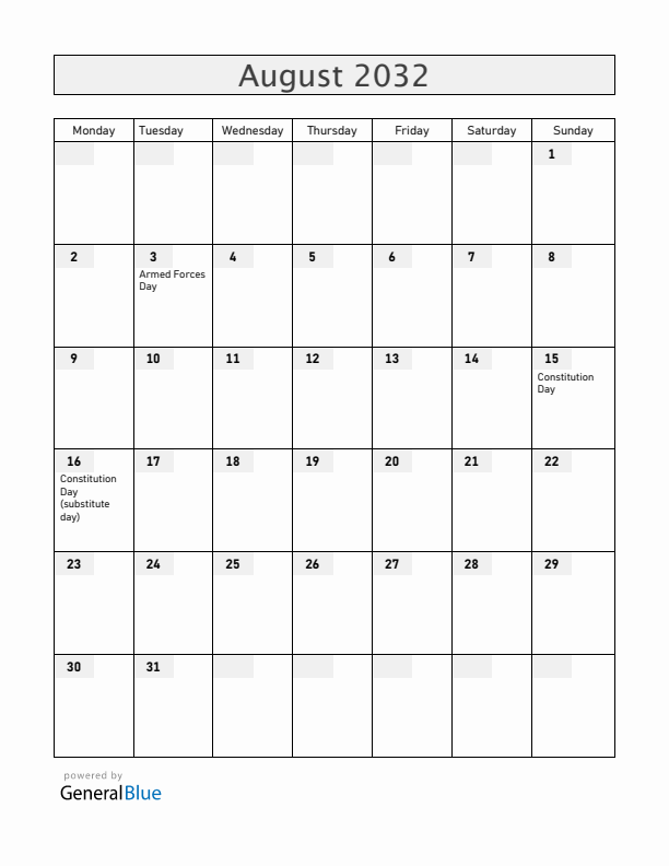 Equatorial Guinea August 2032 Calendar with Holidays