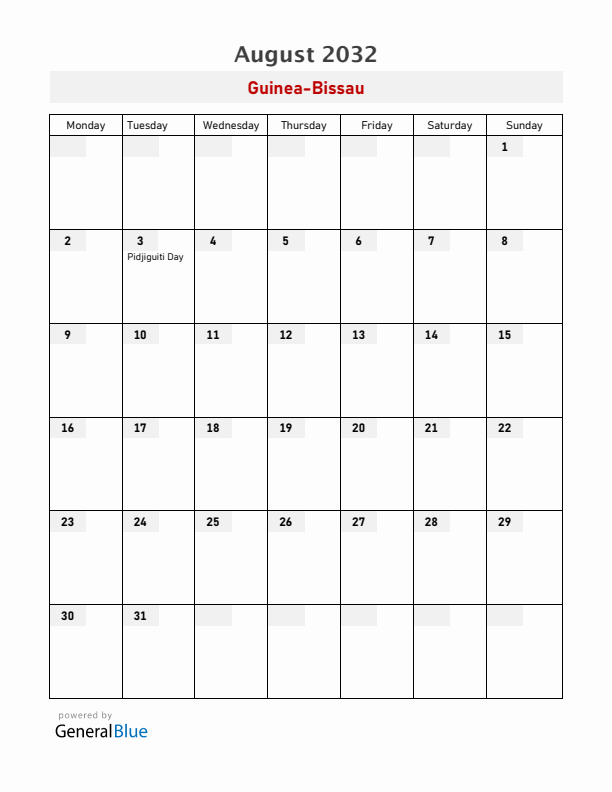 Guinea-Bissau August 2032 Calendar with Holidays