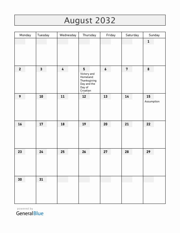 Croatia August 2032 Calendar with Holidays
