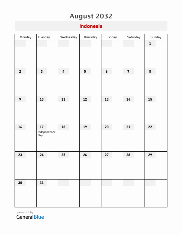 Indonesia August 2032 Calendar with Holidays