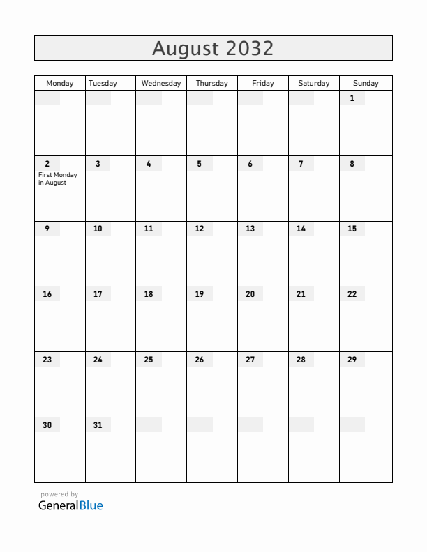 Ireland August 2032 Calendar with Holidays