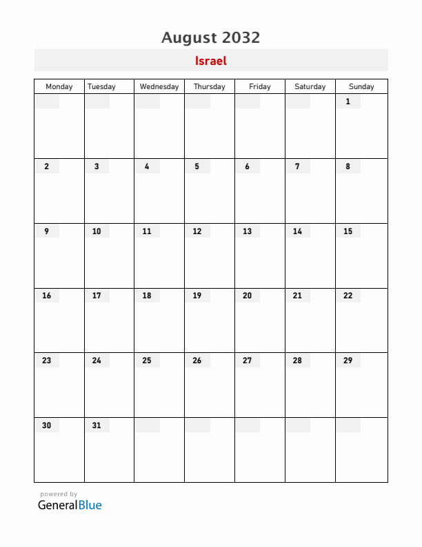 Israel August 2032 Calendar with Holidays