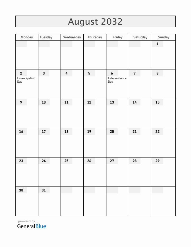 Jamaica August 2032 Calendar with Holidays