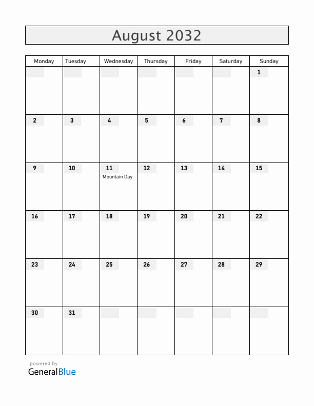 Japan August 2032 Calendar with Holidays