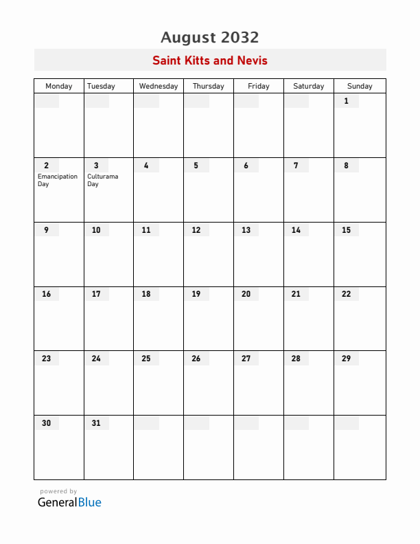 Saint Kitts and Nevis August 2032 Calendar with Holidays