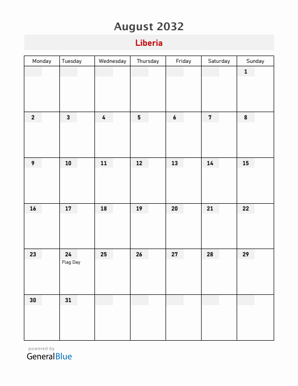 Liberia August 2032 Calendar with Holidays