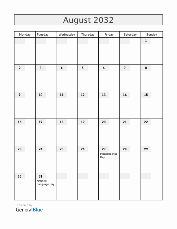 Moldova August 2032 Calendar with Holidays