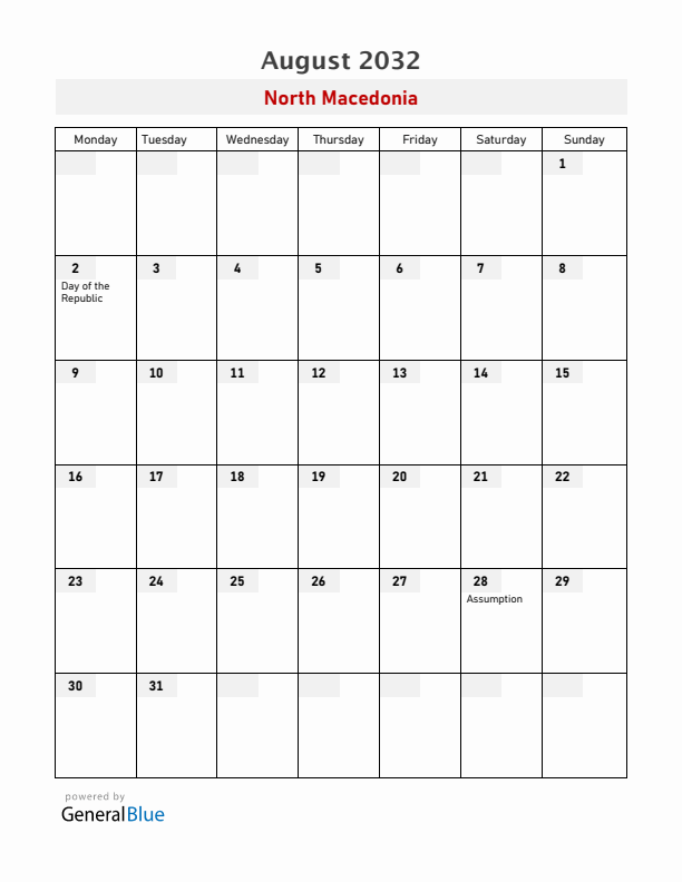 North Macedonia August 2032 Calendar with Holidays