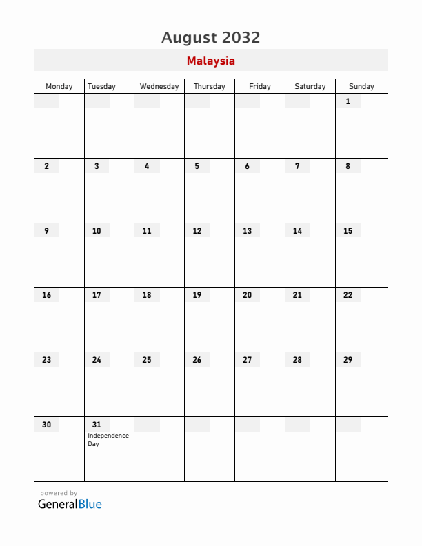 Malaysia August 2032 Calendar with Holidays