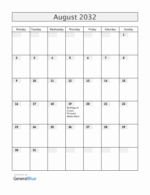 Norway August 2032 Calendar with Holidays