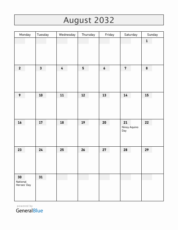 Philippines August 2032 Calendar with Holidays