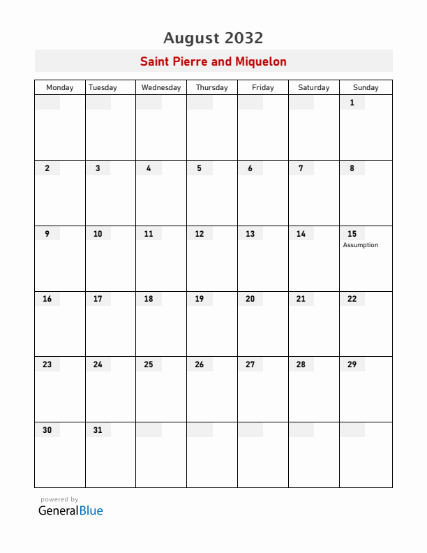 Saint Pierre and Miquelon August 2032 Calendar with Holidays