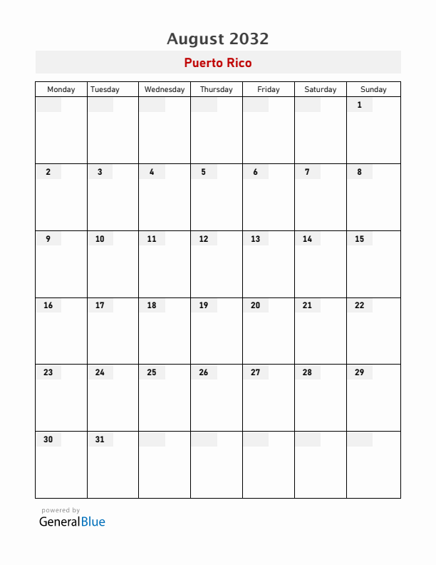 Puerto Rico August 2032 Calendar with Holidays