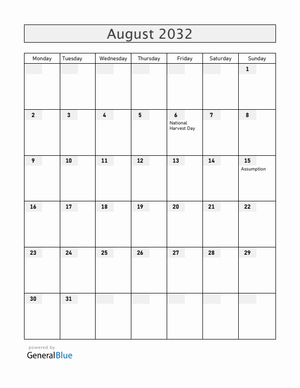 Rwanda August 2032 Calendar with Holidays