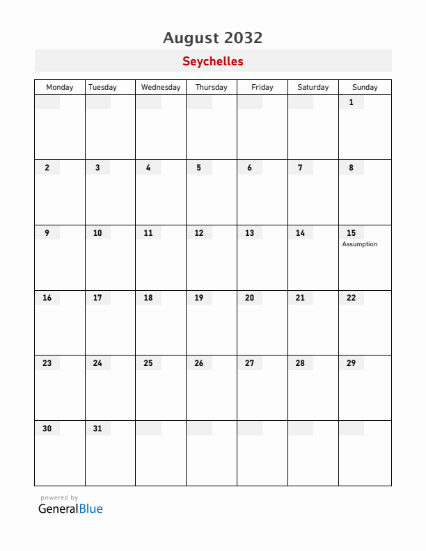 Seychelles August 2032 Calendar with Holidays