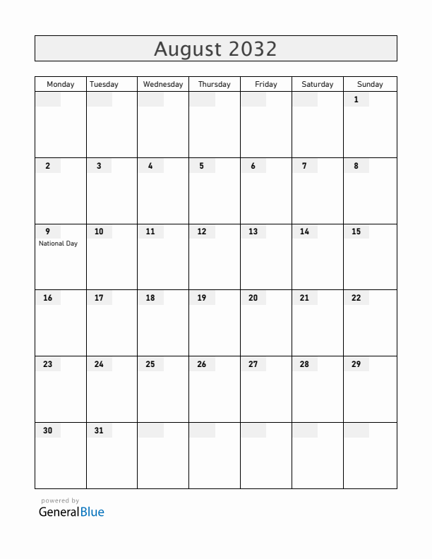 Singapore August 2032 Calendar with Holidays