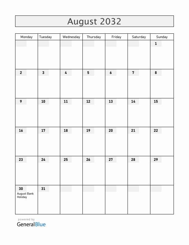 Saint Helena August 2032 Calendar with Holidays