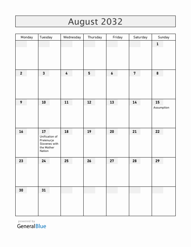 Slovenia August 2032 Calendar with Holidays