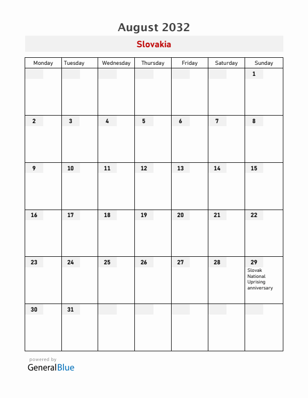 Slovakia August 2032 Calendar with Holidays