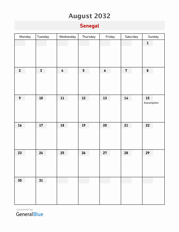 Senegal August 2032 Calendar with Holidays