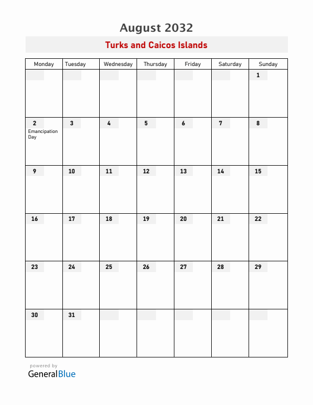 Turks and Caicos Islands August 2032 Calendar with Holidays