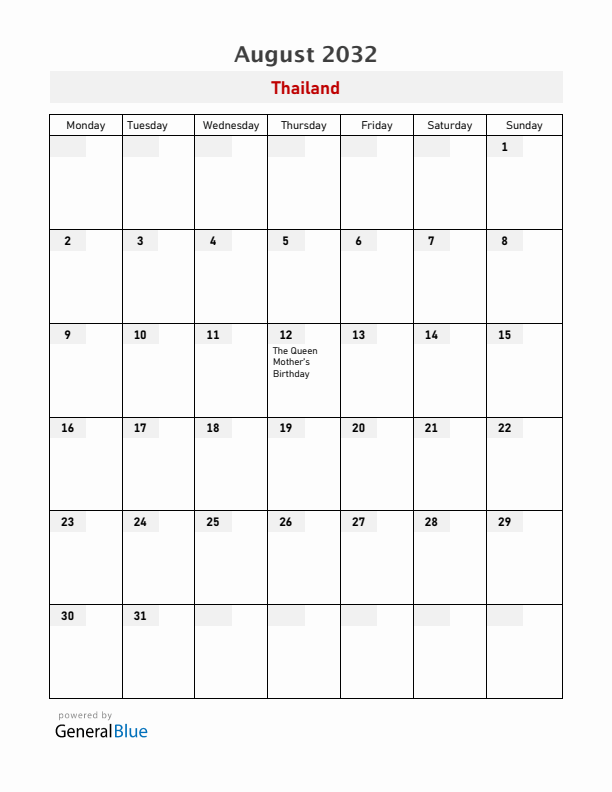 Thailand August 2032 Calendar with Holidays