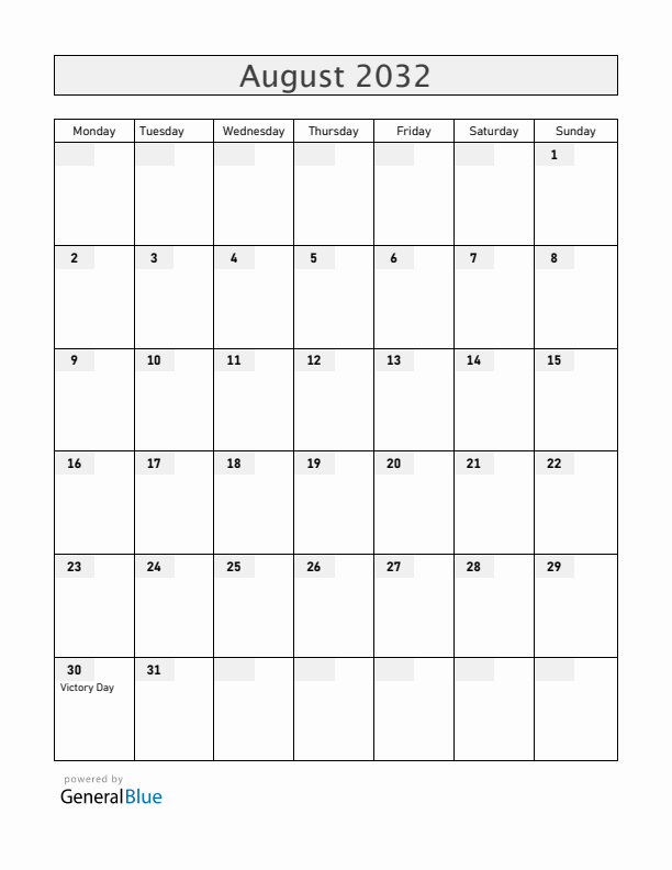 Turkey August 2032 Calendar with Holidays