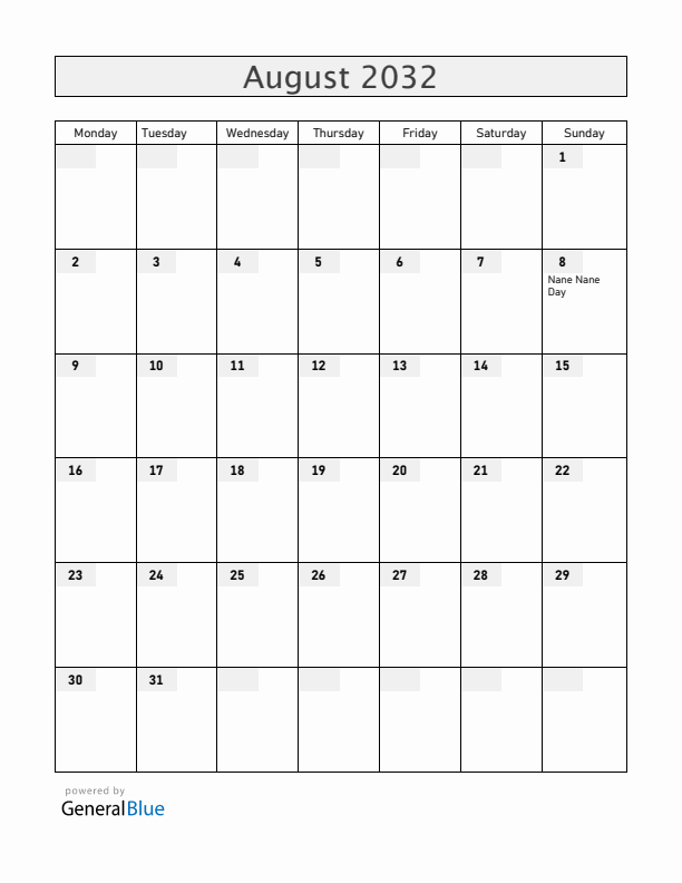 Tanzania August 2032 Calendar with Holidays