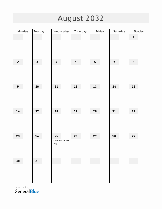 Uruguay August 2032 Calendar with Holidays