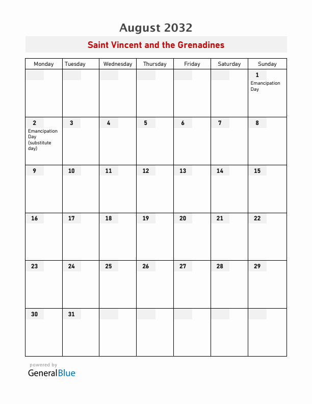 Saint Vincent and the Grenadines August 2032 Calendar with Holidays